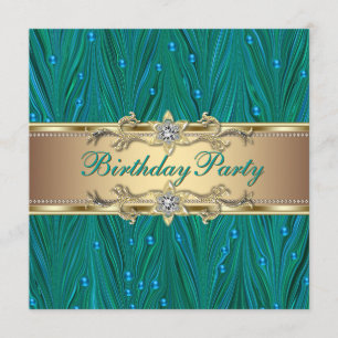 Invitación Fiesta de cumpleaños azul turquesa y dorado con pa