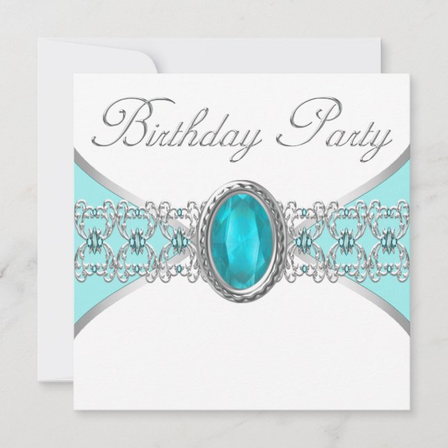 Invitación Fiesta de cumpleaños azul turquesa y plateado (Anverso)