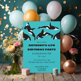Invitación Fiesta de cumpleaños azul Verde azulado de Orcas K