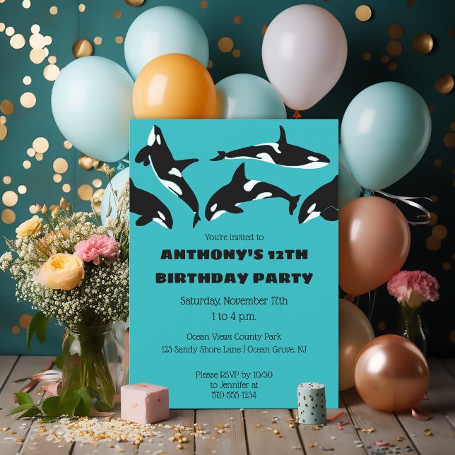 Invitación Fiesta de cumpleaños azul Verde azulado de Orcas K (Subido por el creador)