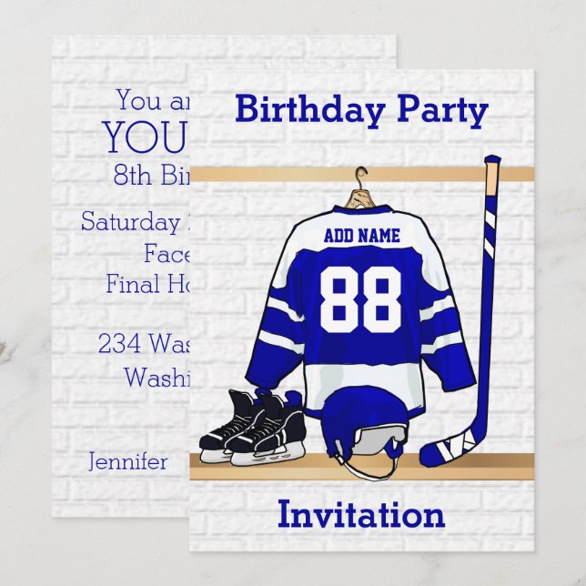 Invitación Fiesta de cumpleaños azul y blanca del jersey del (Anverso / Reverso)