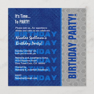 Invitación Fiesta de cumpleaños azul y plata reciclada no año
