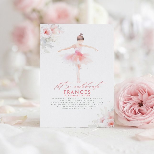 Invitación Fiesta de Cumpleaños Bailarina Ballet Floral Rosa (Dreamy Elegant Pink Dress Ballerina Birthday Invitation)