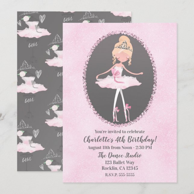 Invitación Fiesta de Cumpleaños Bailarina de Pink & Grey Cout (Anverso / Reverso)