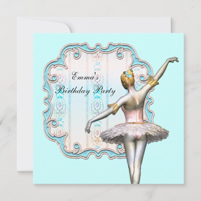 Invitación Fiesta de Cumpleaños Bailarina Niñas Azul Turquesa (Anverso)