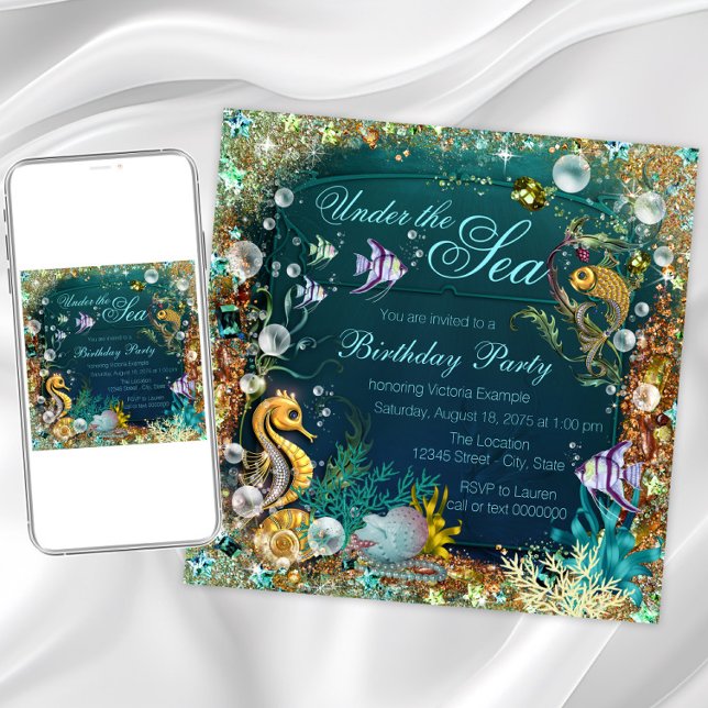 Invitación Fiesta de cumpleaños bajo el mar (Beautiful teal blue and gold under the sea any event invitation. Simply add your details. )
