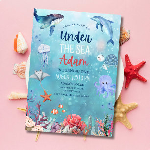 Invitación Fiesta de Cumpleaños Bajo El Mar Animales Marinos