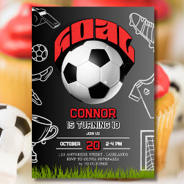 Invitación Fiesta de Cumpleaños Balón de Fútbol Negro y Rojo