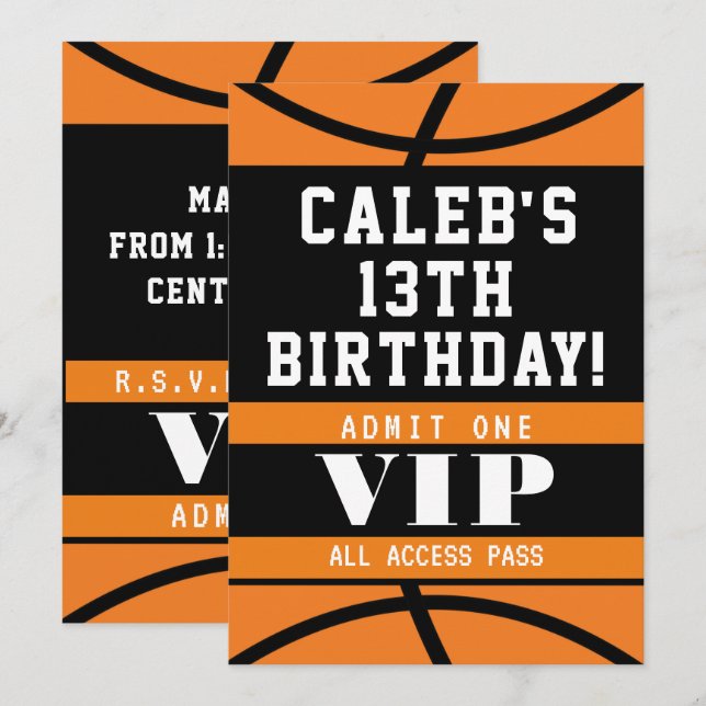 Invitación Fiesta de Cumpleaños Baloncesto Negro Naranja (Anverso / Reverso)