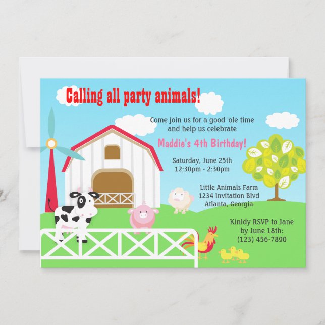 Invitación Fiesta de cumpleaños Barnyard Animals (Anverso)