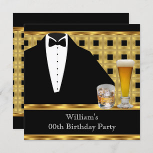 Invitación Fiesta de cumpleaños Beer Scotch Tuxedo Gold Black