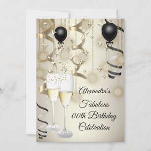 Invitación Fiesta de cumpleaños beige dorado negro globo cham