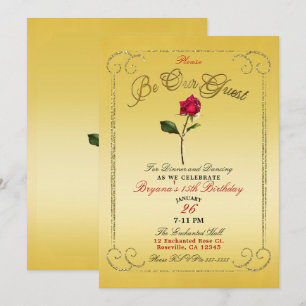 Invitación Fiesta de Cumpleaños Belleza Rosa Roja Oro Amarill