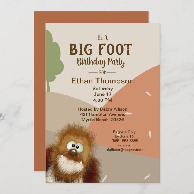 Invitación Fiesta de cumpleaños Big Foot/ Sasquatch (Anverso / Reverso)