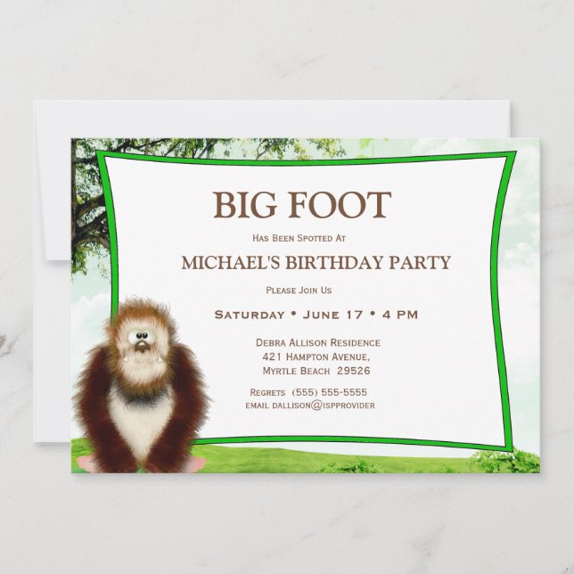 Invitación Fiesta de cumpleaños Big Foot/ Sasquatch (Anverso)