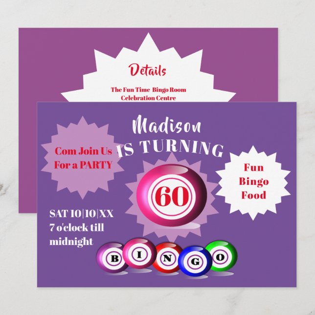 Invitación Fiesta de cumpleaños Bingo Tema Diversión (Anverso / Reverso)