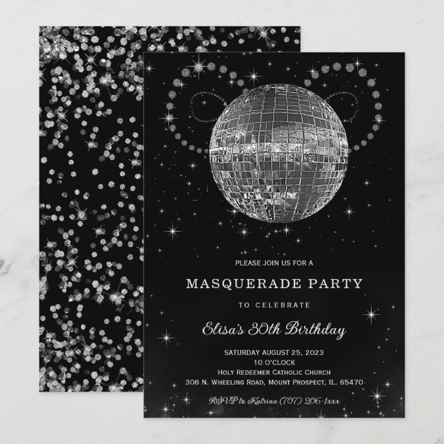 Invitación Fiesta de Cumpleaños Black Silver Disko (Anverso / Reverso)