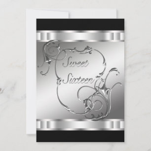 Invitación Fiesta de cumpleaños Black Silver Sweet Sixteen