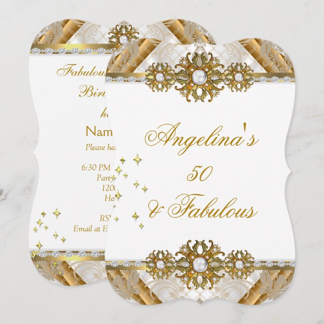Invitación Fiesta de Cumpleaños Blanca con Damasco Dorado Fab (Anverso / Reverso)