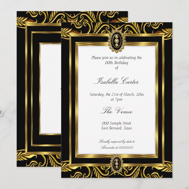 Invitación Fiesta de cumpleaños blanca de joyas negras de oro (Anverso / Reverso)