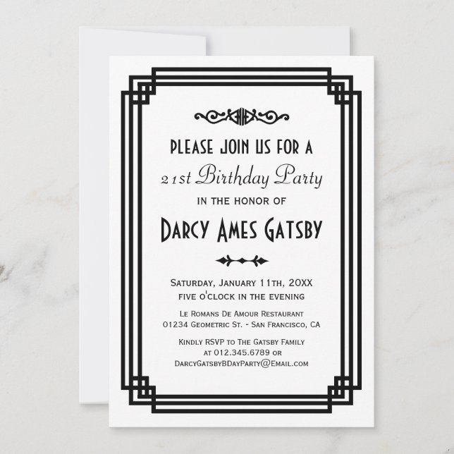 Invitación Fiesta de cumpleaños blanca y negra de Art Deco si (Anverso)