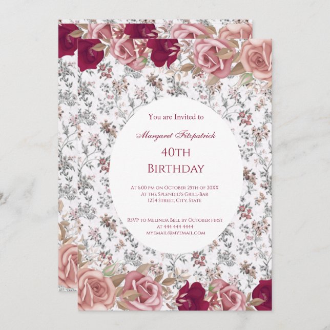 Invitación Fiesta de cumpleaños blanco de las flores rosadas  (Anverso / Reverso)