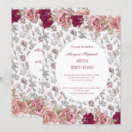 Invitación Fiesta de cumpleaños blanco de las flores rosadas 