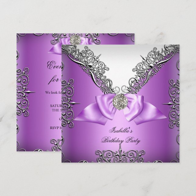 Invitación Fiesta de cumpleaños blanco morado de plata (Anverso / Reverso)