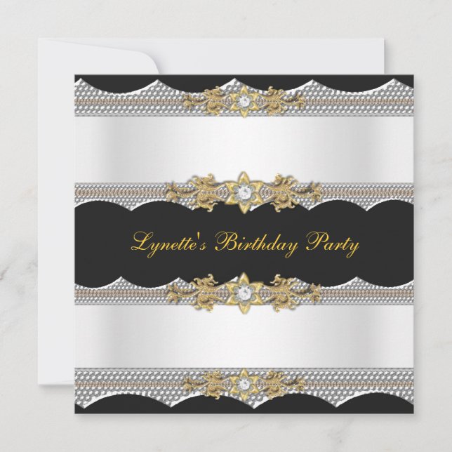 Invitación Fiesta de Cumpleaños Blanco Oro Negro Plata Diaman (Anverso)