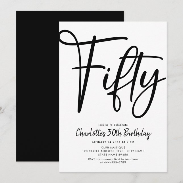 Invitación Fiesta de cumpleaños blanco y negro 50 de la era m (Anverso / Reverso)