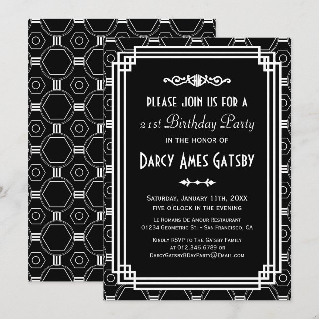 Invitación Fiesta de cumpleaños blanco y negro Art Déco invit (Anverso / Reverso)