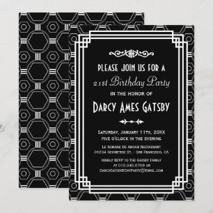 Invitación Fiesta de cumpleaños blanco y negro Art Déco invit