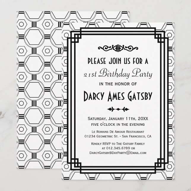 Invitación Fiesta de cumpleaños blanco y negro Art Déco invit (Anverso / Reverso)