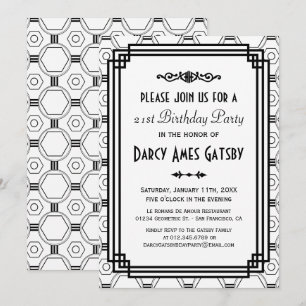 Invitación Fiesta de cumpleaños blanco y negro Art Déco invit