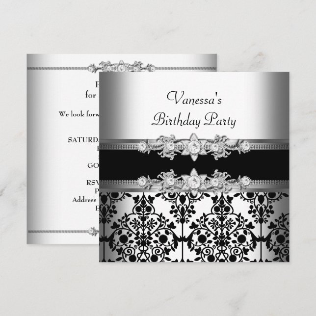 Invitación Fiesta de cumpleaños blanco y negro de Damask (Anverso / Reverso)