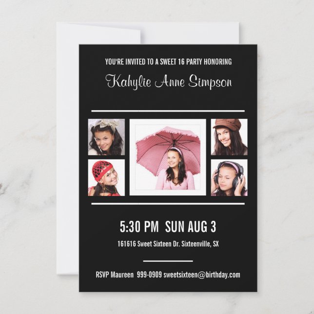 Invitación Fiesta de cumpleaños blanco y negro del dulce 16 (Anverso)