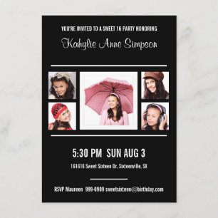 Invitación Fiesta de cumpleaños blanco y negro del dulce 16