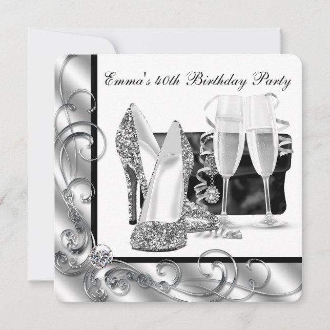 Invitación Fiesta de cumpleaños blanco y negro para mujeres (Anverso)