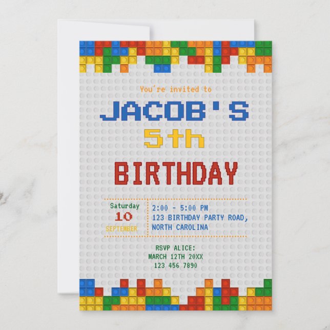 Invitación Fiesta de cumpleaños Bloques de construcción (Anverso)