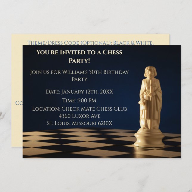 Invitación Fiesta de cumpleaños Blue 30 Chess Bishop (Anverso / Reverso)