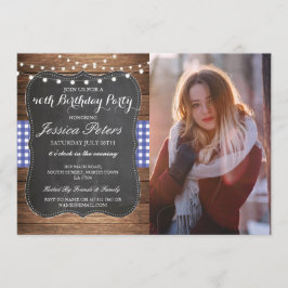 Invitación Fiesta de cumpleaños Blue Check Rustic Chalk Wood 