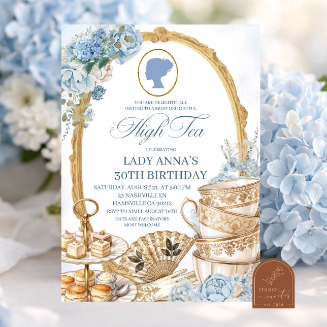 Invitación fiesta de cumpleaños Blue Regency High Tea (Subido por el creador)