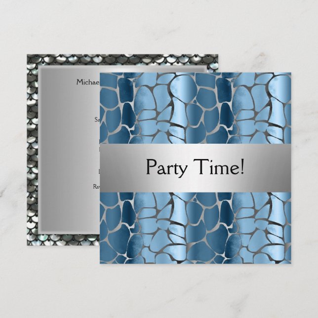 Invitación Fiesta de cumpleaños Blue Silver personalizada (Anverso / Reverso)