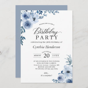 Invitación Fiesta de cumpleaños Bohemian Dusty Blue Floral