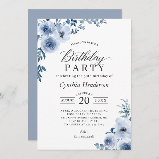 Invitación Fiesta de cumpleaños Bohemian Dusty Blue Floral (Anverso / Reverso)