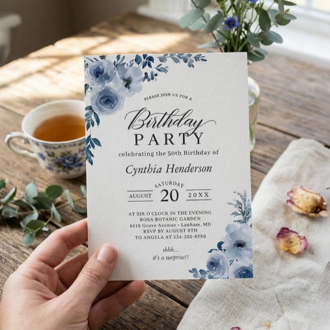 Invitación Fiesta de cumpleaños Bohemian Dusty Blue Floral (Subido por el creador)