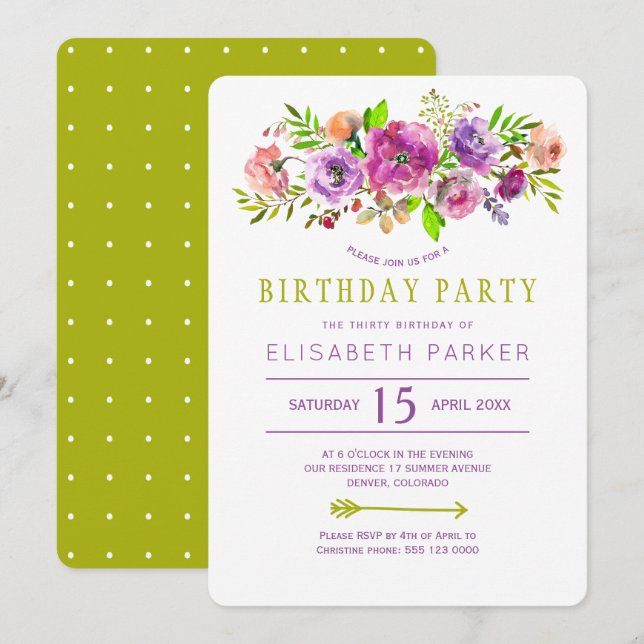 Invitación Fiesta de cumpleaños bohemio floral rústico verde  (Anverso / Reverso)
