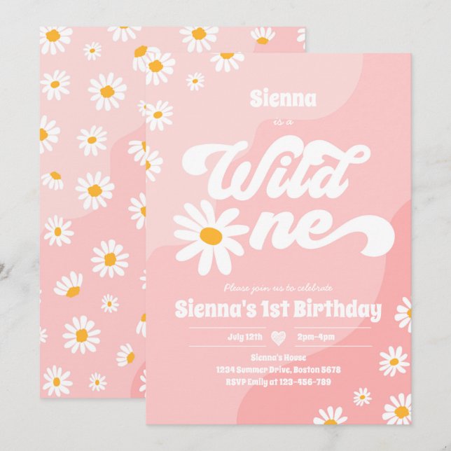Invitación Fiesta de cumpleaños Boho Floral Daisy (Anverso / Reverso)