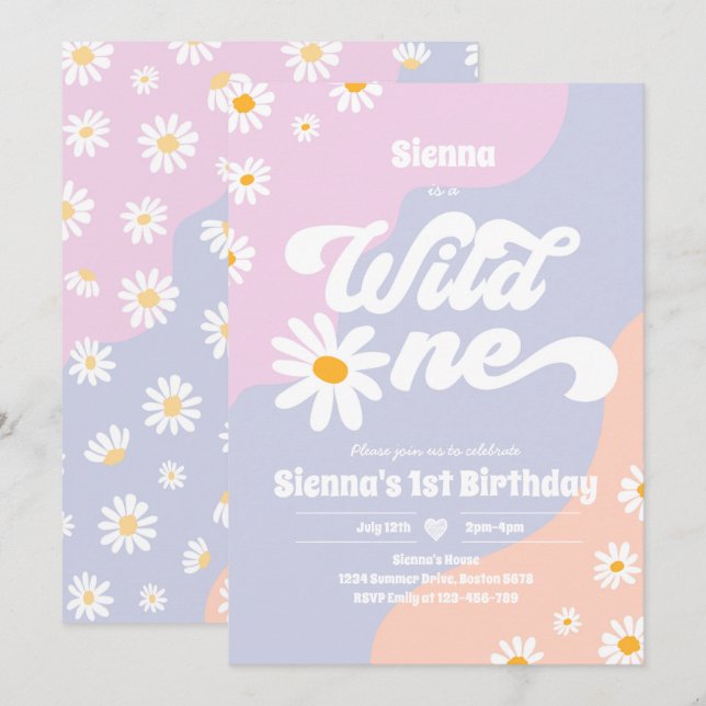 Invitación Fiesta de cumpleaños Boho Floral Daisy (Anverso / Reverso)