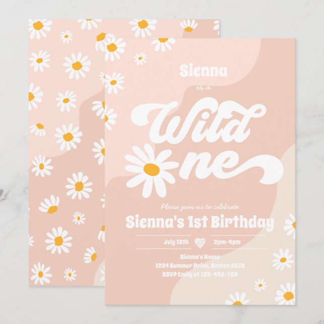 Invitación Fiesta de cumpleaños Boho Floral Daisy (Anverso / Reverso)